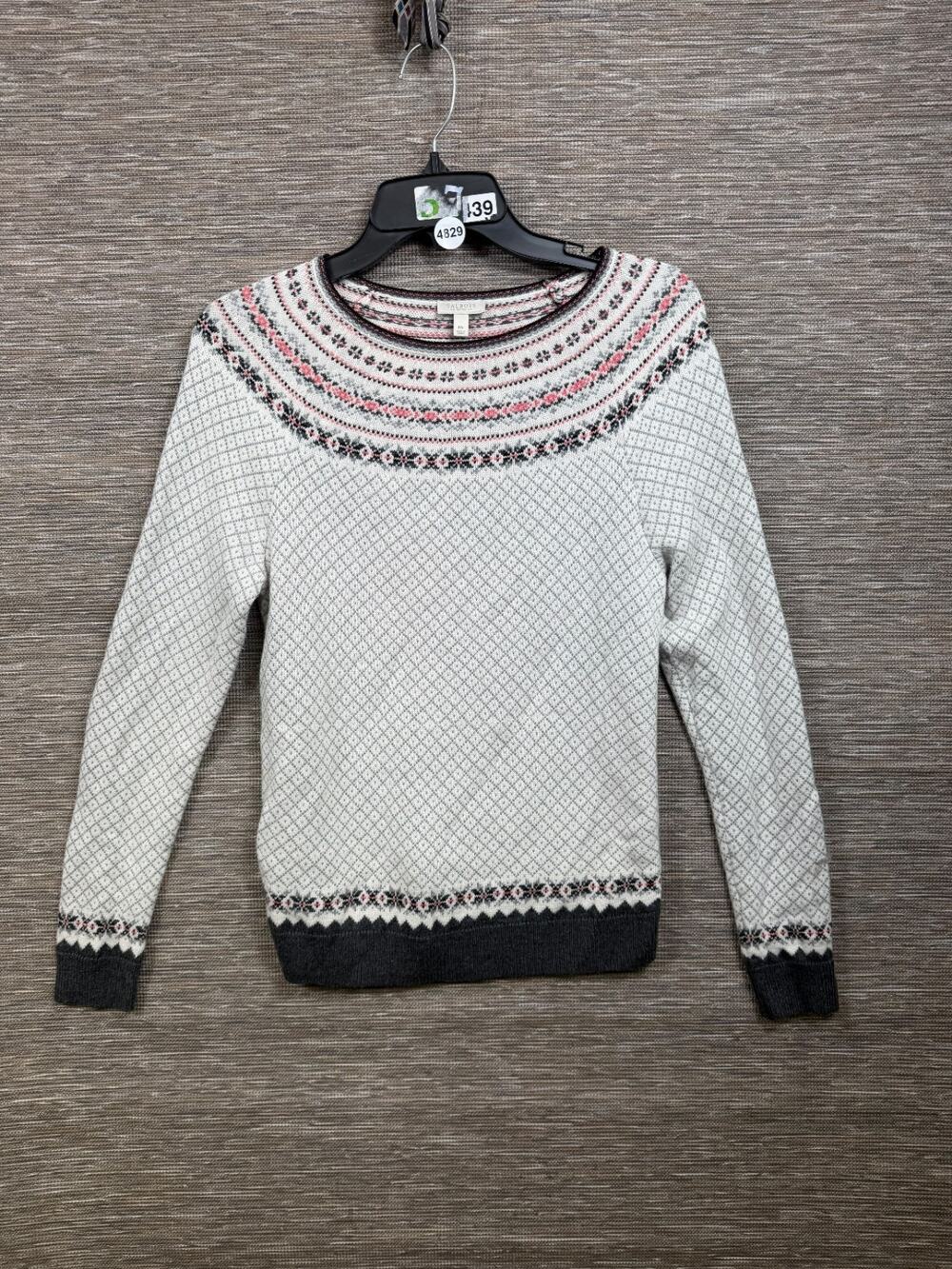 Talbots Fair Isle Sweater Womens Sz MP Grey Pink Nordic Winter Cozy Cottagecore
